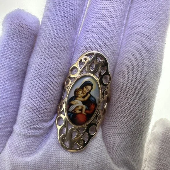 Vintage 14K Yellow Gold Madonna and Child Ring Size 8.5-5.61g - Picture 12 of 12